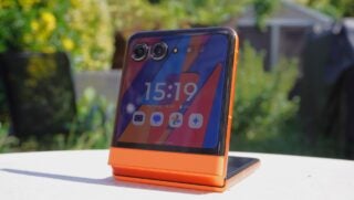 Motorola Razr 50 on a table with cover screen on